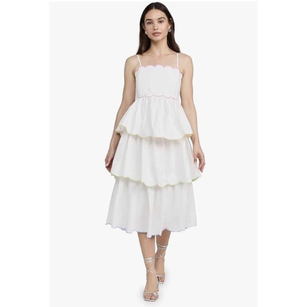 english factory Anthropologie Tiered Scallop Trim Midi Dress Cotton L Lined